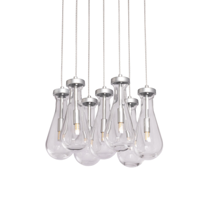 Люстра с 7-ю прозрачными плафонами из стекла в форме капли на круглом потолочном основании цвета хром Lucid Rain  Серебряный Прозрачный в Екатеринбурге | Loft Concept 