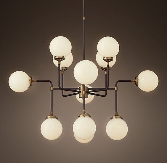 Люстра RH Bistro Globe Milk Glass 12-Light Chandelier Латунь Черный Белый в Екатеринбурге | Loft Concept 