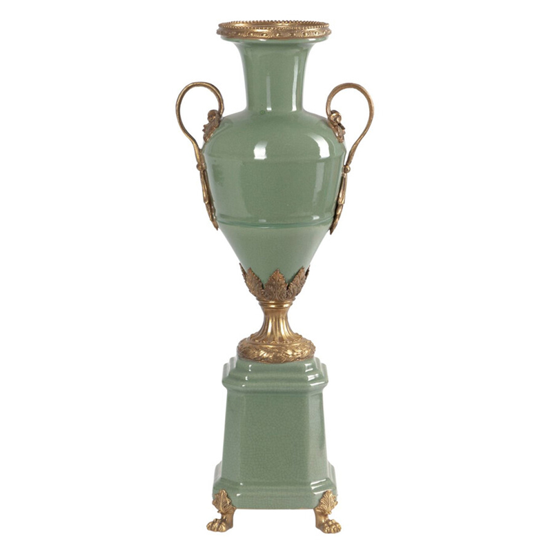 Ваза зеленого цвета из фарфора на высокой подставке с бронзовыми ручками Eden Garden porcelain and bronze Зеленый Бронза в Екатеринбурге | Loft Concept 