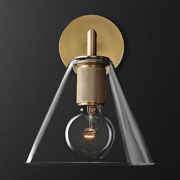 Бра RH Utilitaire Funnel Shade Single Sconce Brass Прозрачное Стекло Латунь в Екатеринбурге | Loft Concept 