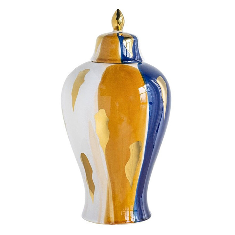 Ваза с крышкой и мазками синего и золого цвета на белом фоне Chinoiserie Ceramics Белый Оранжевый Золотой Синий Ваза с крышкой и мазками синего и золого цвета на белом фоне Chinoiserie Ceramics Белый Оранжевый Золотой Синий в Екатеринбурге | Loft Concept