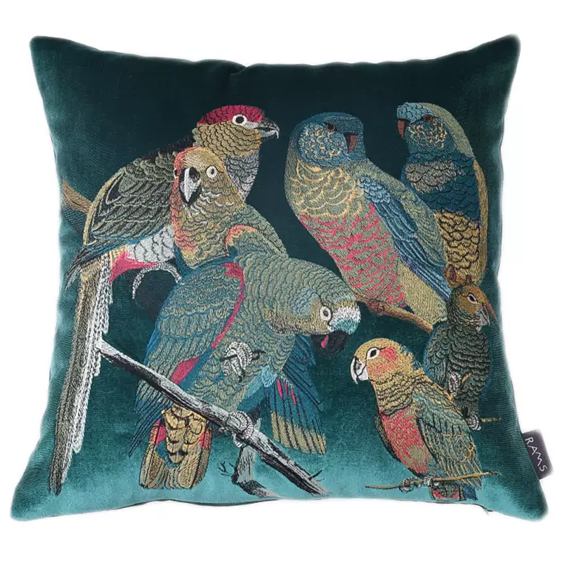 Декоративная подушка с вышивкой Embroidery Parrots Pillow Green Зеленый Мульти в Екатеринбурге | Loft Concept 