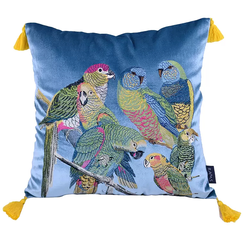 Декоративная подушка с вышивкой Embroidery Parrots Pillow Blue Голубой Мульти в Екатеринбурге | Loft Concept 