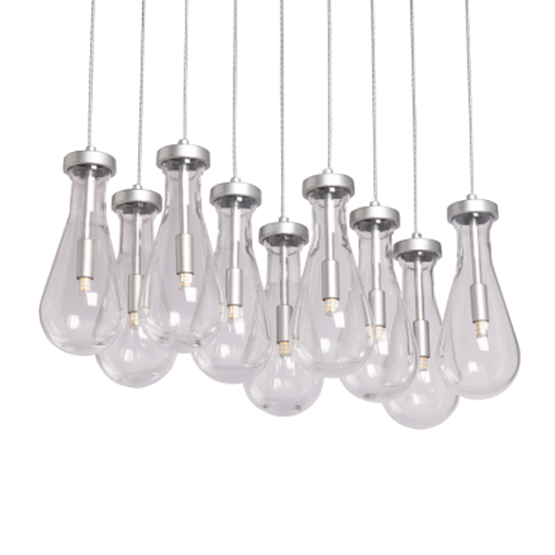 Люстра с 9-ю прозрачными плафонами из стекла в форме капли на прямоугольном потолочном основании цвета хром Lucid Rain  Серебряный Прозрачный в Екатеринбурге | Loft Concept 