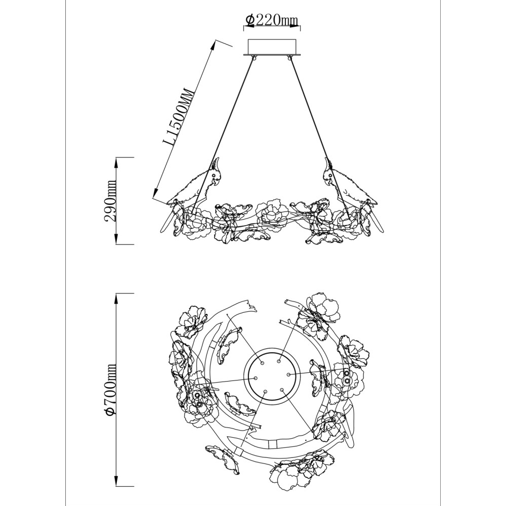 Люстра круглая на золотом каркасе с птичками и цветочным декором Miscellaneous herbs в Екатеринбурге