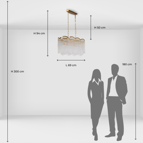 Люстра прямоугольная на цепях с прозрачными трубками и волнистым краем Nembus в Екатеринбурге