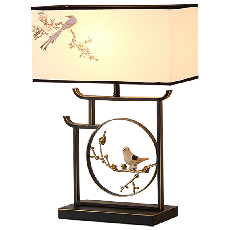 Настольная лампа с абажуром Bird Chinese Style Modern Table Lamp Черный Бежевый Золотой в Екатеринбурге | Loft Concept 