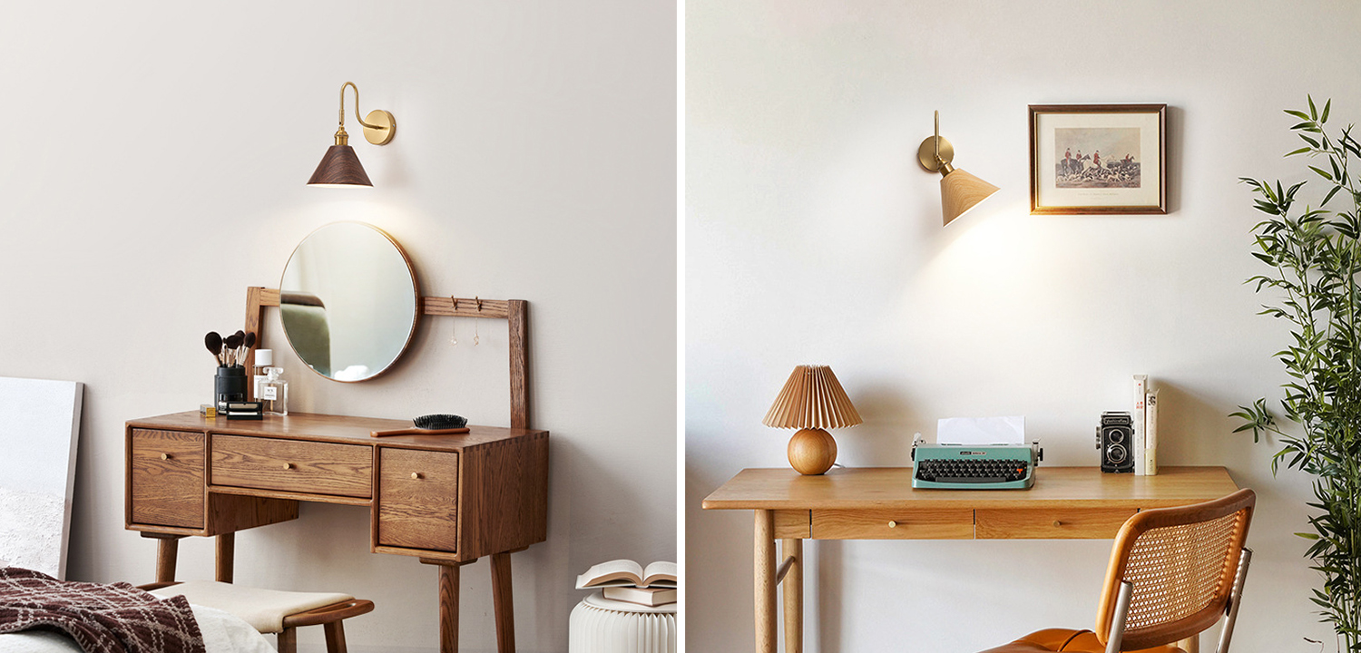 Бра с поворотными плафонами конусообразной формы из дерева с латунной отделкой DOMENIC - фото