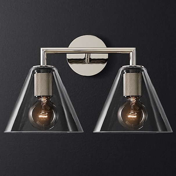 Бра RH Utilitaire Funnel Shade Double Sconce Silver Прозрачное Стекло Никель в Екатеринбурге | Loft Concept 