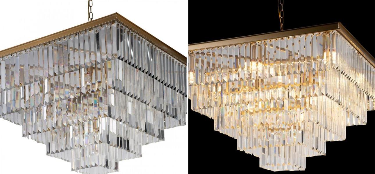 Квадратная Люстра RH 1920s Odeon GOLD iron Five layers Прозрачное Стекло 80х80 - фото