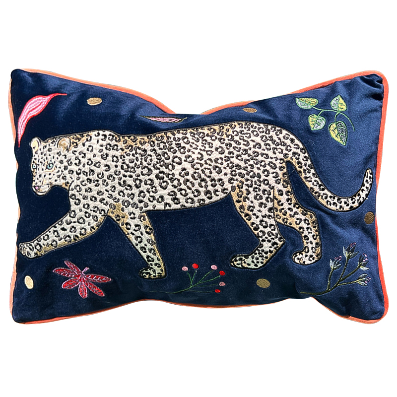 Декоративная подушка с вышивкой Panther Embroidery Cushion Темно-синий Мульти в Екатеринбурге | Loft Concept 