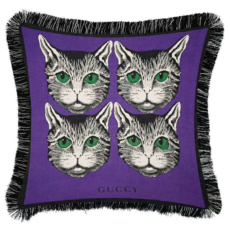 Декоративная подушка с вышивкой Cтиль Gucci Four Cats Violet Фиолетовый Зеленый Черно-белый в Екатеринбурге | Loft Concept 