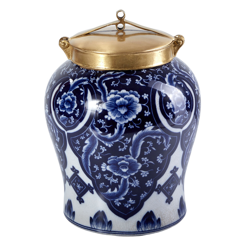 Ваза с насыщенным синим орнаментом и золотой крышкой Blue & White Ornament Белый Синий Золотой Ваза с насыщенным синим орнаментом и золотой крышкой Blue & White Ornament Белый Синий Золотой в Екатеринбурге | Loft Concept
