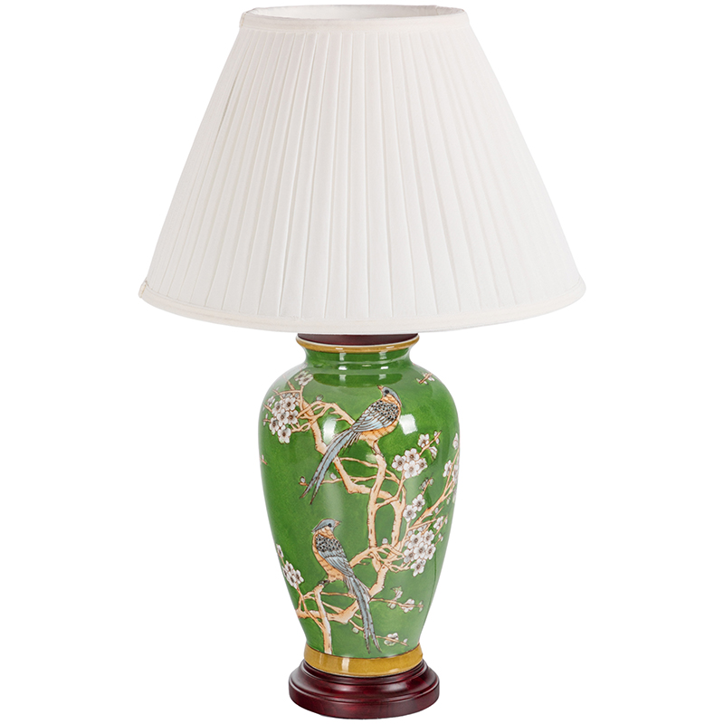 Настольная лампа с абажуром Birds Green Chinoiserie Lampshade Зеленый Белый Коричневый в Екатеринбурге | Loft Concept 