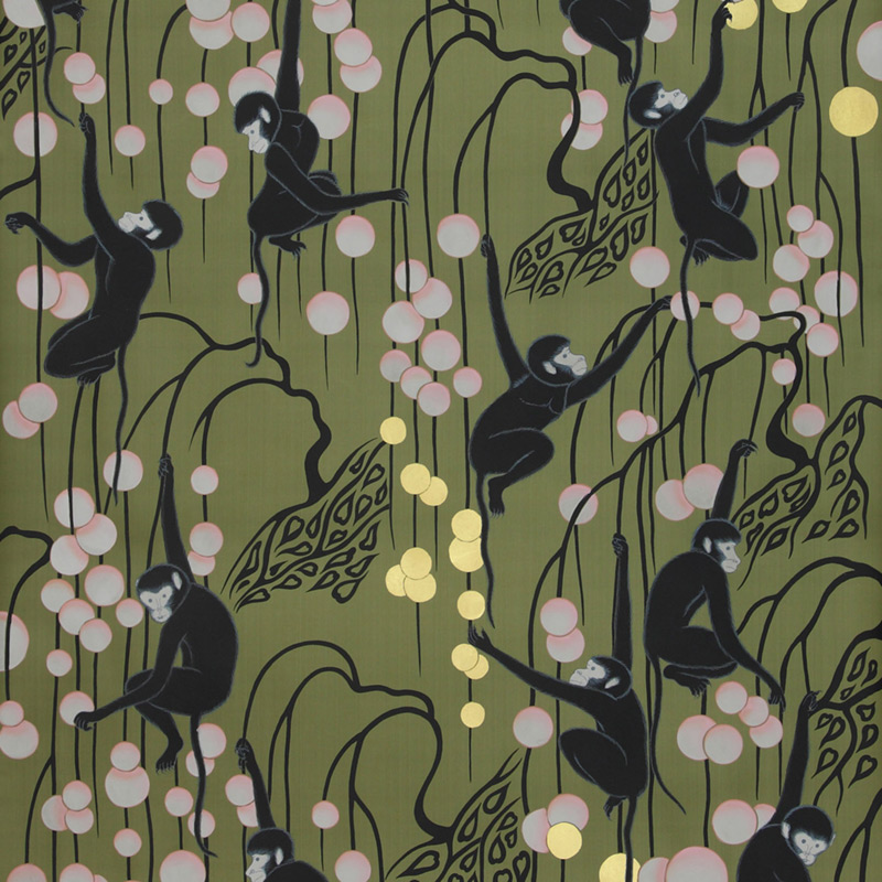 Обои ручная роспись Deco Monkeys Special Colourway on Olive dyed silk  в Екатеринбурге | Loft Concept 