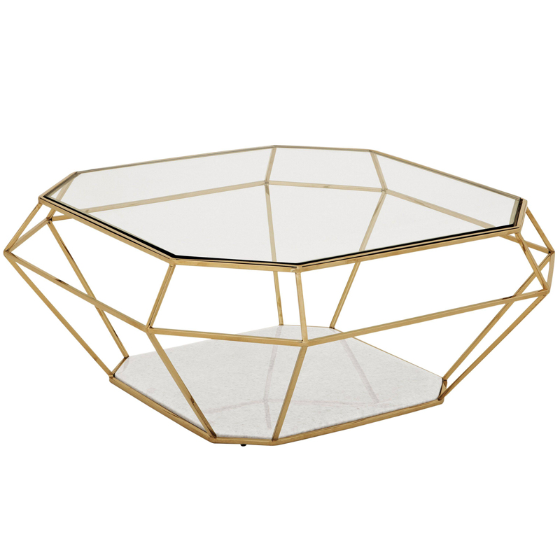 Кофейный стол Eichholtz Coffee Table Asscher Золотой Прозрачный Белый Мрамор Bianco в Екатеринбурге | Loft Concept 