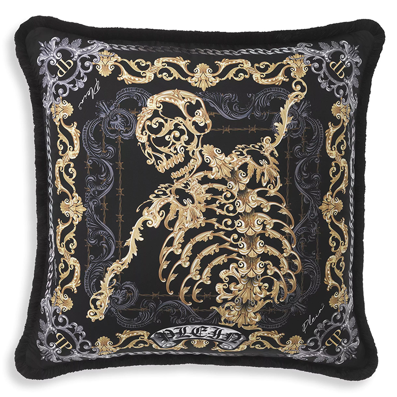 Подушка Philipp Plein Cushion Silk Skeleton 70 x 70 cm Черный Золотой Серый в Екатеринбурге | Loft Concept 