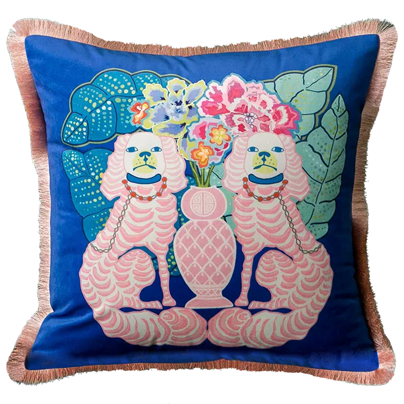 Декоративная подушка Two Pink Dogs on Blue Cushion Синий Розовый Мульти в Екатеринбурге | Loft Concept 