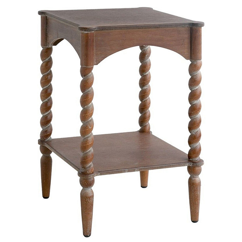 Приставной столик деревянный с резными ножками и нижней полкой Vintage Side Table Brown Wood Коричневый в Екатеринбурге | Loft Concept 