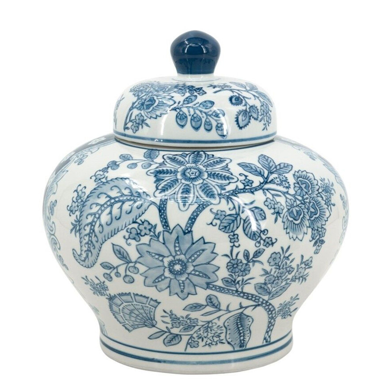 Ваза с крышкой и синим узором в виде цветов и листьев Blue & White Ornament Белый Синий Ваза с крышкой и синим узором в виде цветов и листьев Blue & White Ornament Белый Синий в Екатеринбурге | Loft Concept