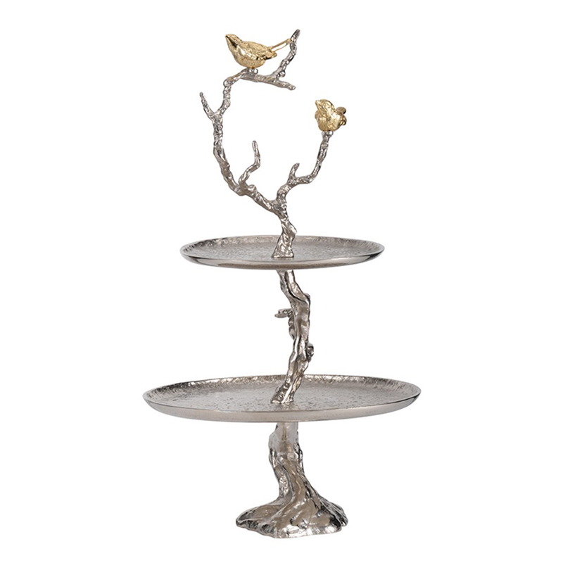 Блюдо двухъярусное Birds on Branches silver Сатиновое Серебро  Золотой в Екатеринбурге | Loft Concept 