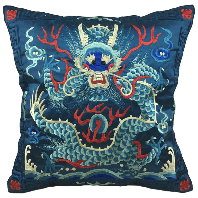 Декоративная подушка с вышивкой Chinese Dragon Blue Мульти Синий в Екатеринбурге | Loft Concept 