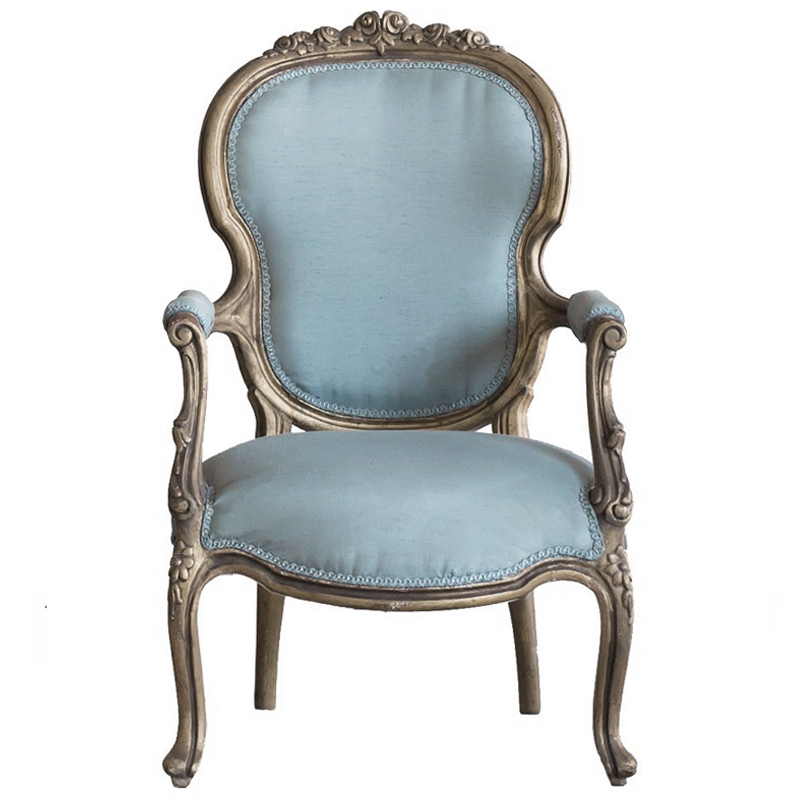 Кресло Arm Carved Chair  blue linen Голубой пастельный Темный дуб в Екатеринбурге | Loft Concept 