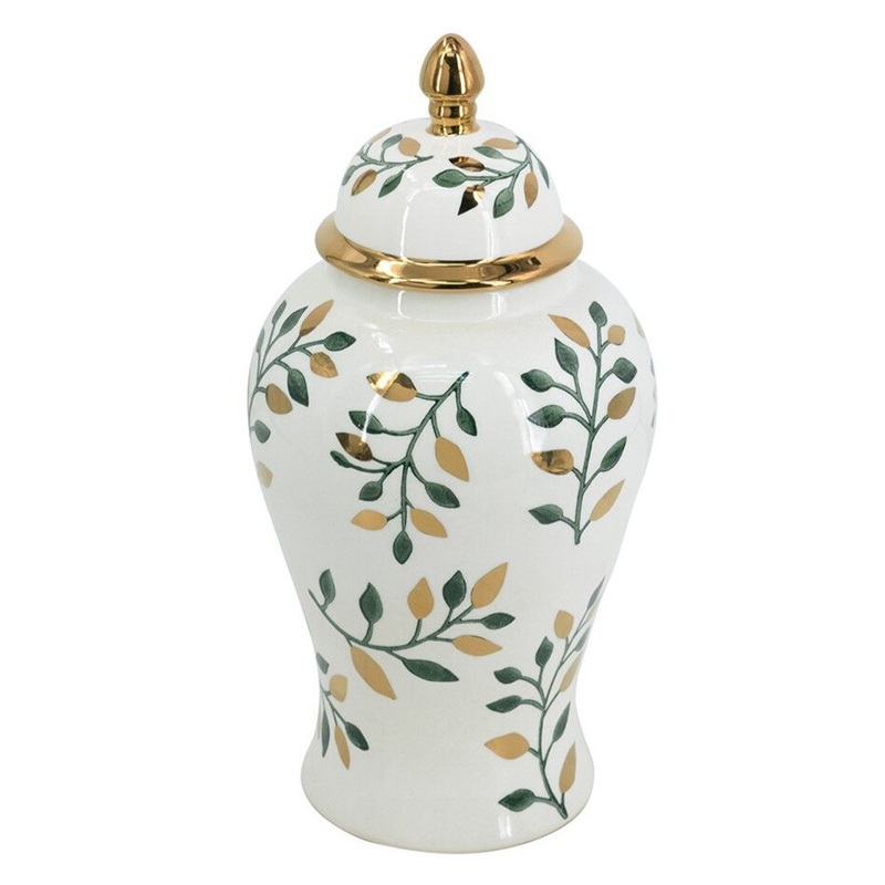 Ваза белая с крышкой с рисунком зеленых и золотых листьев 40 см Chinoiserie Ceramics Белый Зеленый Золотой Ваза белая с крышкой с рисунком зеленых и золотых листьев 40 см Chinoiserie Ceramics Белый Зеленый Золотой в Екатеринбурге | Loft Concept