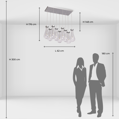 Люстра с 9-ю прозрачными плафонами из стекла в форме капли на прямоугольном потолочном основании цвета хром Lucid Rain  в Екатеринбурге