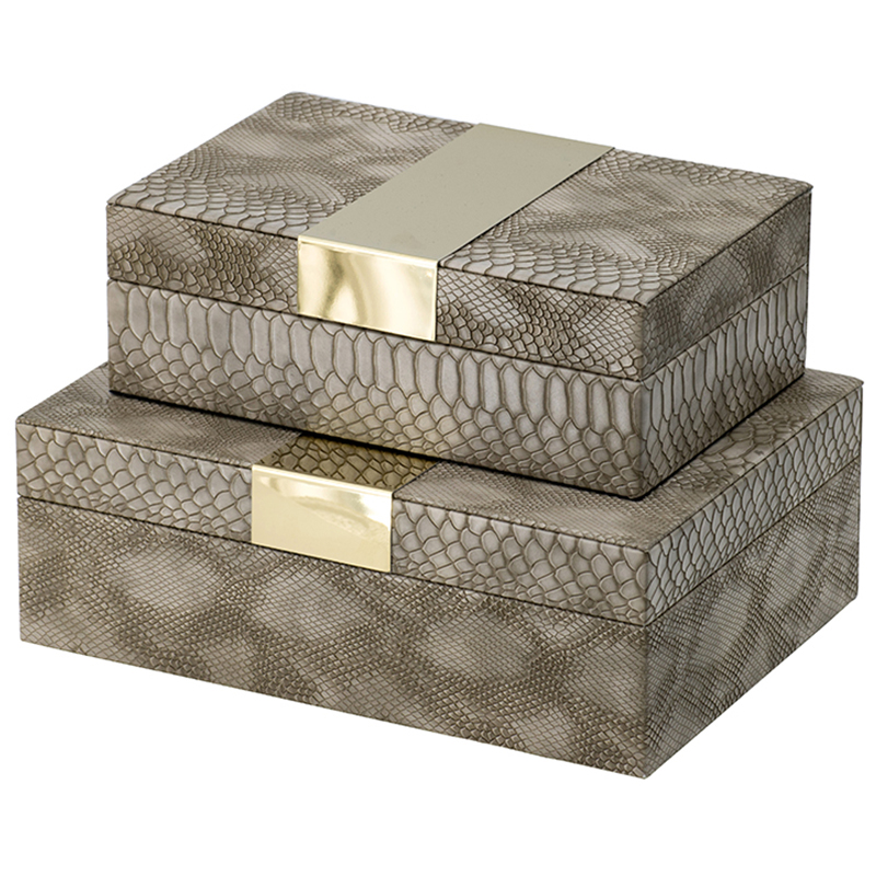 Комплект шкатулок Imitation Snakeskin Boxes Бежево-серый Глянцевое золото в Екатеринбурге | Loft Concept 