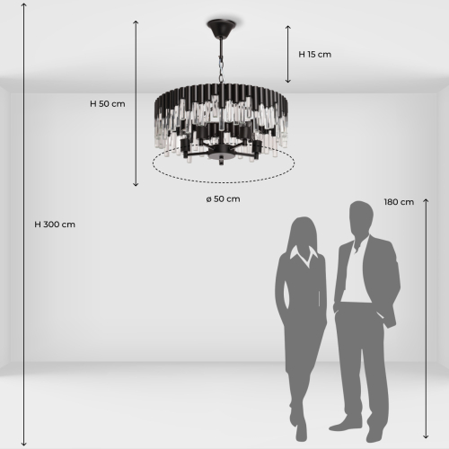 Люстра круглая из матового черного металла с подвесками из прозрачных стеклянных трубок Noir Tubes в Екатеринбурге