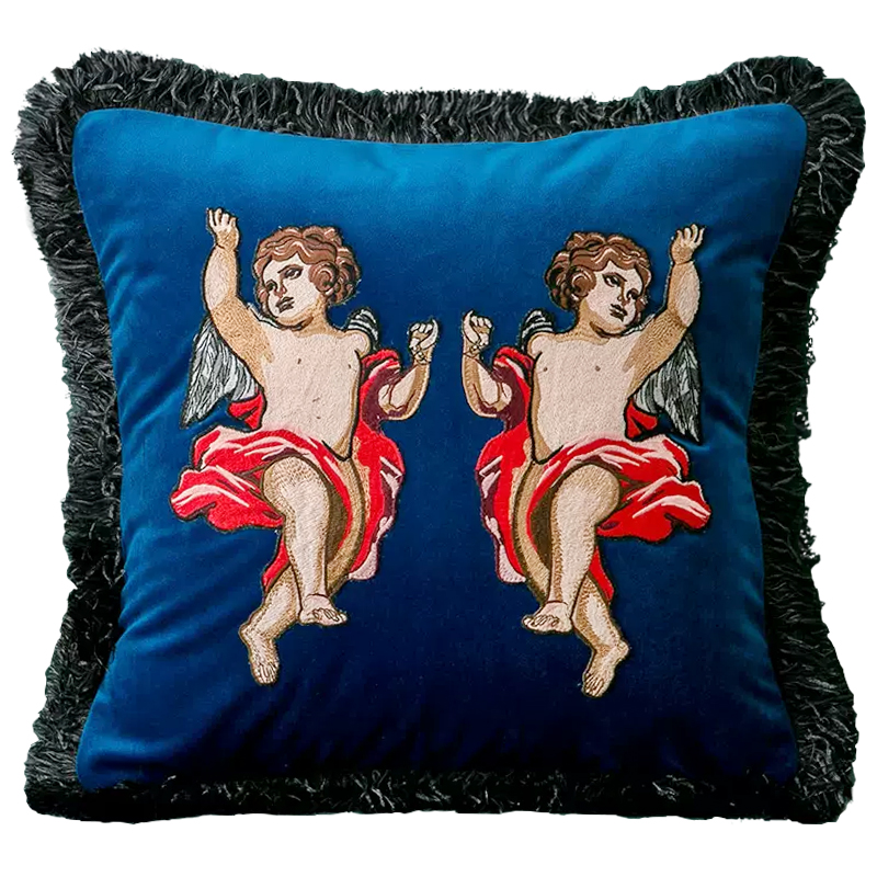 Декоративная подушка с вышивкой Стиль Gucci Angels Cushion Blue Синий Мульти в Екатеринбурге | Loft Concept 