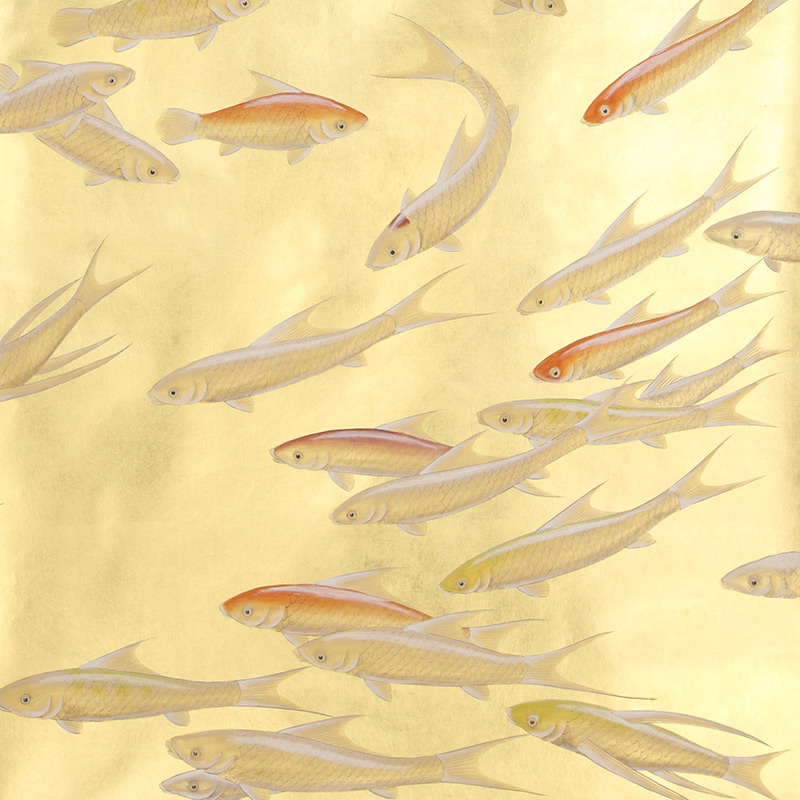 Обои ручная роспись Fishes Koi on Deep Rich Gold gilded paper  в Екатеринбурге | Loft Concept 