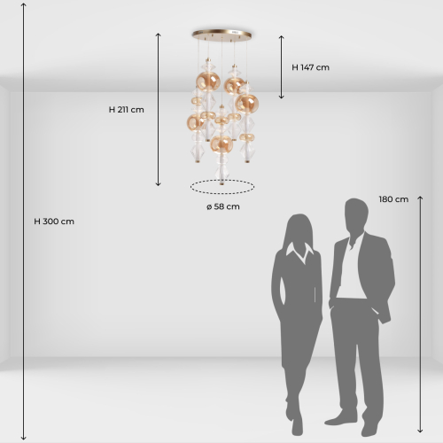 Люстра с плафонами из прозрачного и янтарного стекла в виде шаров и ромбов Gabriel Scott Luna в Екатеринбурге