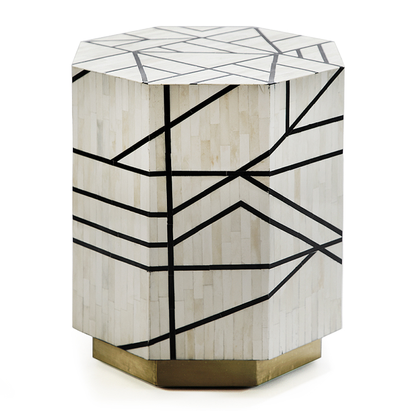 Приставной столик с инкрустацией Black and White Geometry bone bedside table ivory ( слоновая кость ) Черный в Екатеринбурге | Loft Concept 
