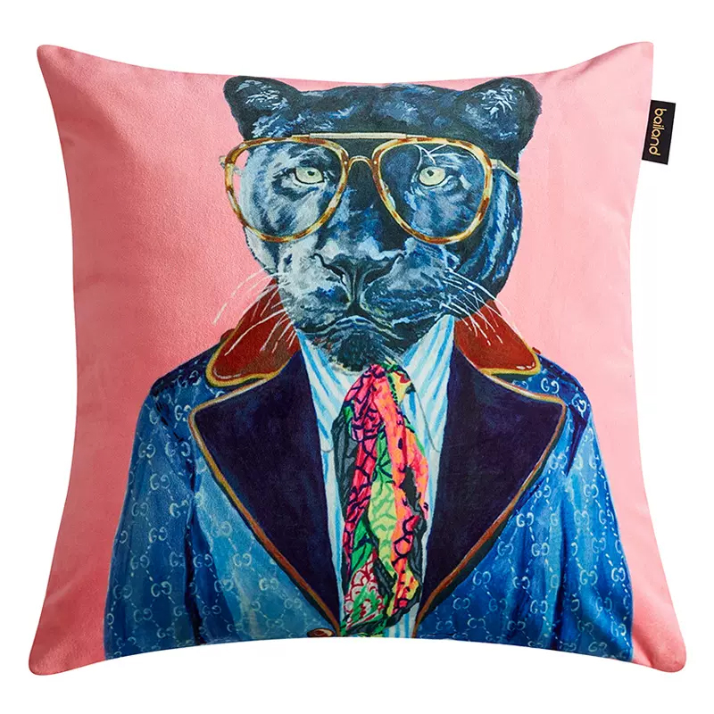 Декоративная подушка Стиль Gucci Panther Fashion Animals Cushion Pink Розовый Синий Мульти в Екатеринбурге | Loft Concept 