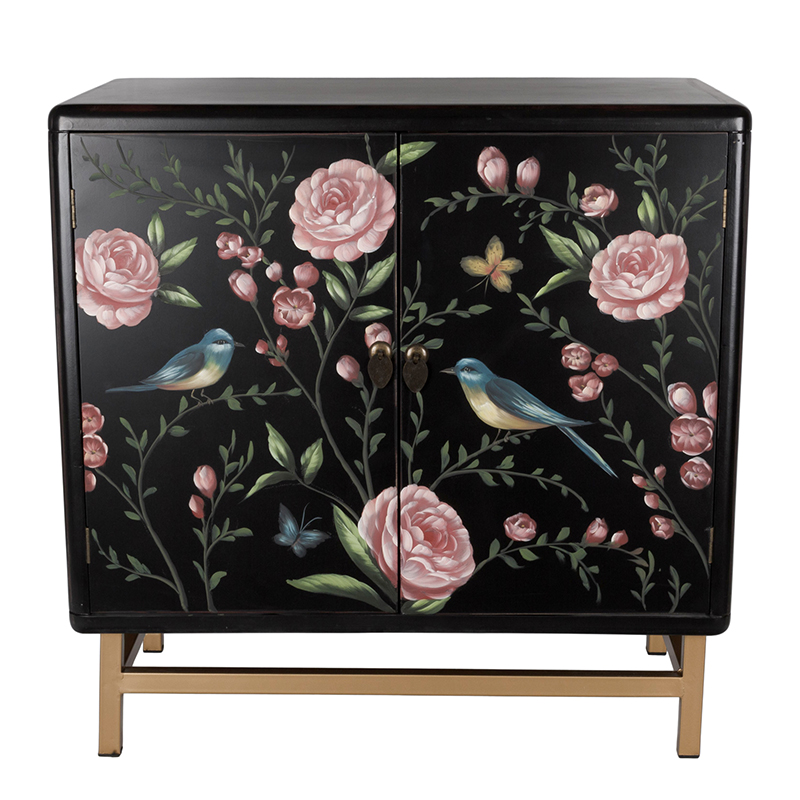 Комод с росписью птицы и цветы Black Chest Of Drawers Peonies Черный Черный Золотой Мульти в Екатеринбурге | Loft Concept 