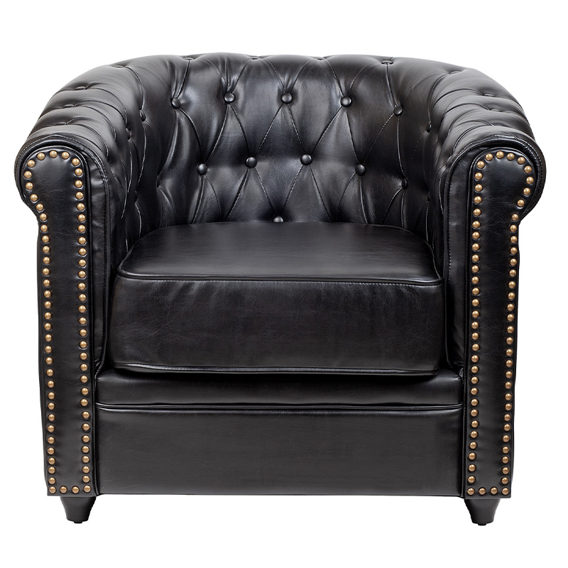 Кресло кожаное с мягкими подлокотниками на 4-х деревянных ножках Logan Leather Armchair black Черный в Екатеринбурге | Loft Concept 