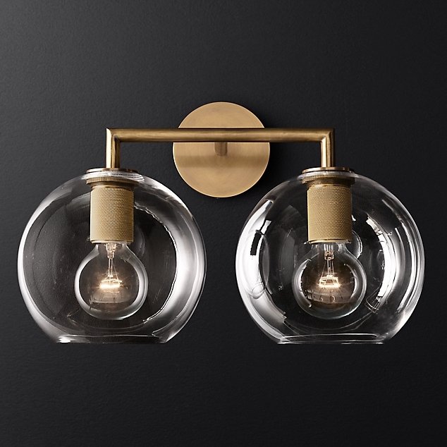 Бра RH Utilitaire Globe Shade Double Sconce Brass Прозрачное Стекло Латунь в Екатеринбурге | Loft Concept 