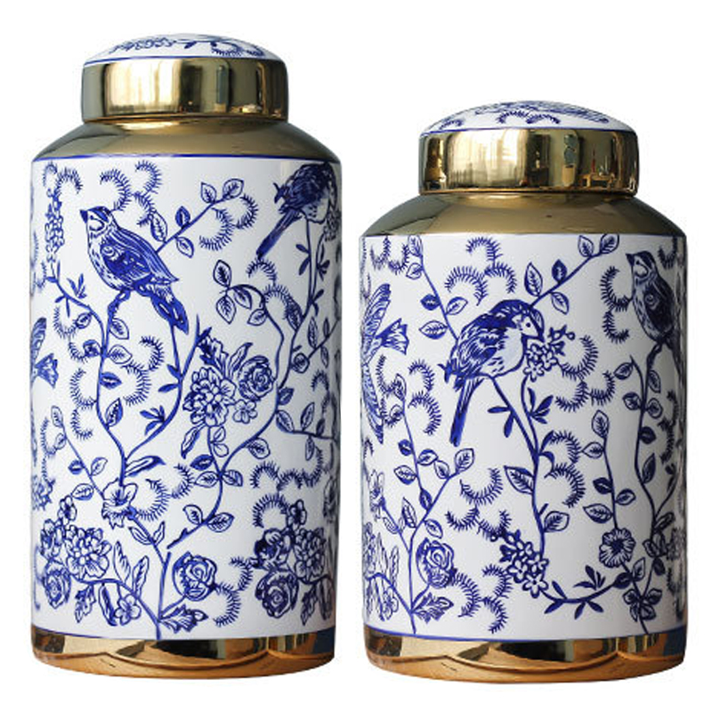 Вазы Ceramic Oriental Blue Ornament Birds Vases Синий Белый Золотой в Екатеринбурге | Loft Concept 