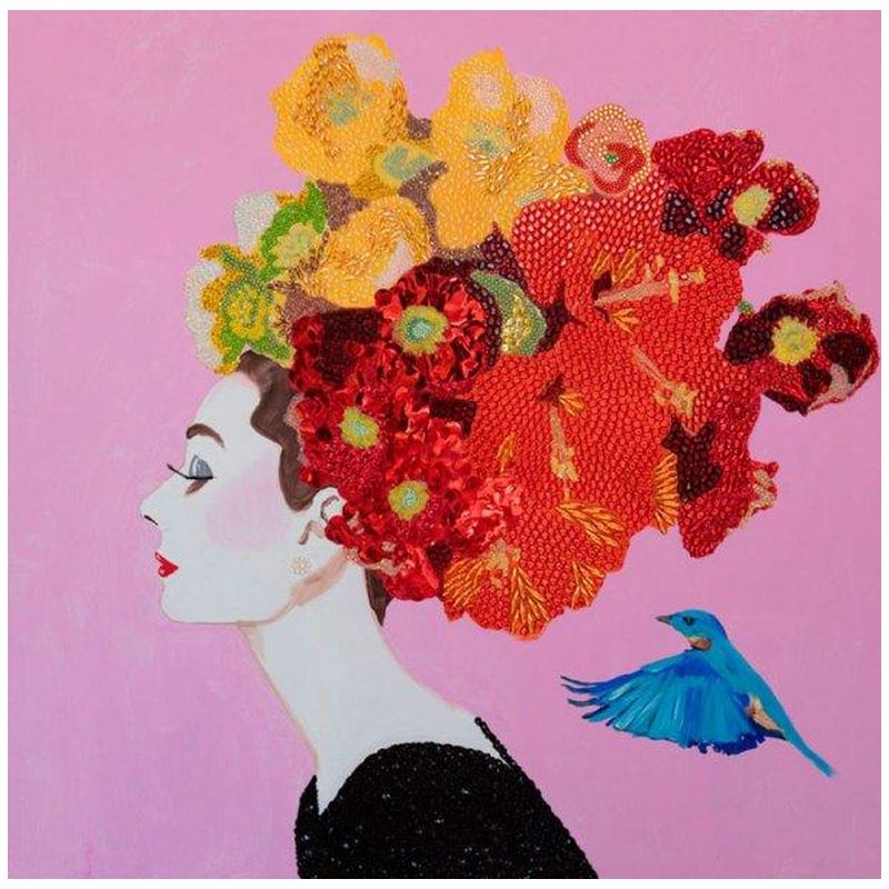 Картина Audrey with Flower Bouquet Headdress, Blue Bird, and Pink Background Мульти в Екатеринбурге | Loft Concept 