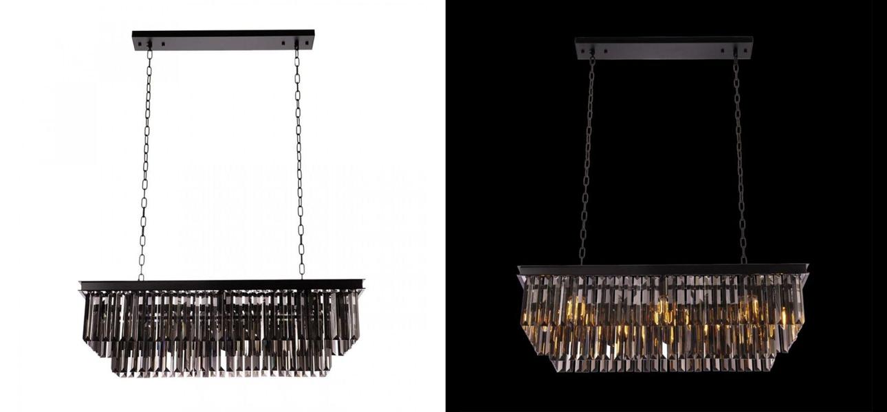 Прямоугольная Люстра RH 1920s Odeon Black iron Серое Стекло Длина 80 см - фото