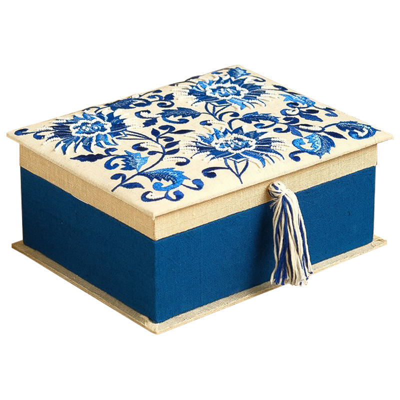 Шкатулка с вышивкой Blue Flowers Beads Embroidery Box Бежевый Синий Голубой в Екатеринбурге | Loft Concept 