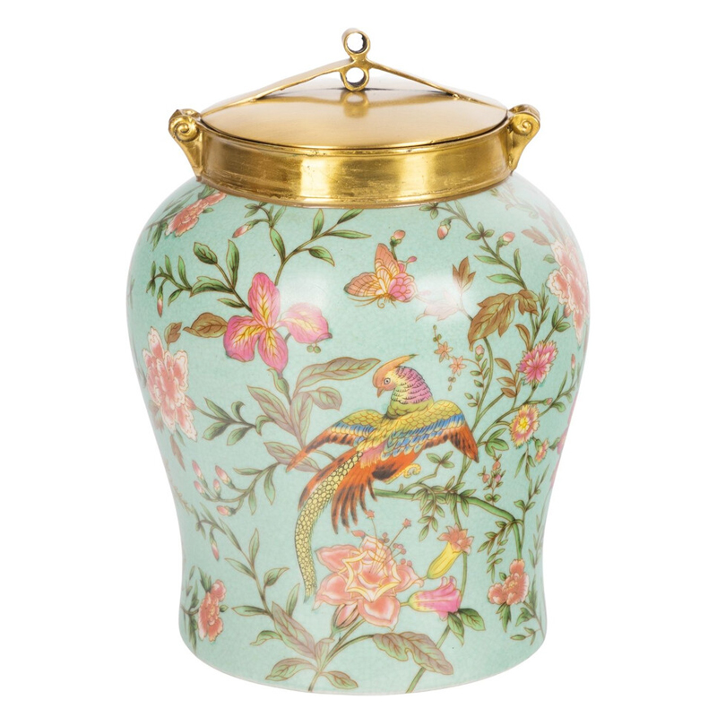 Ваза округлой формы из фарфора с рисунком и бронзовой крышкой Turquoise Blooming Garden Мульти Бронза Бирюзовый Ваза округлой формы из фарфора с рисунком и бронзовой крышкой Turquoise Blooming Garden Мульти Бронза Бирюзовый в Екатеринбурге | Loft Concept