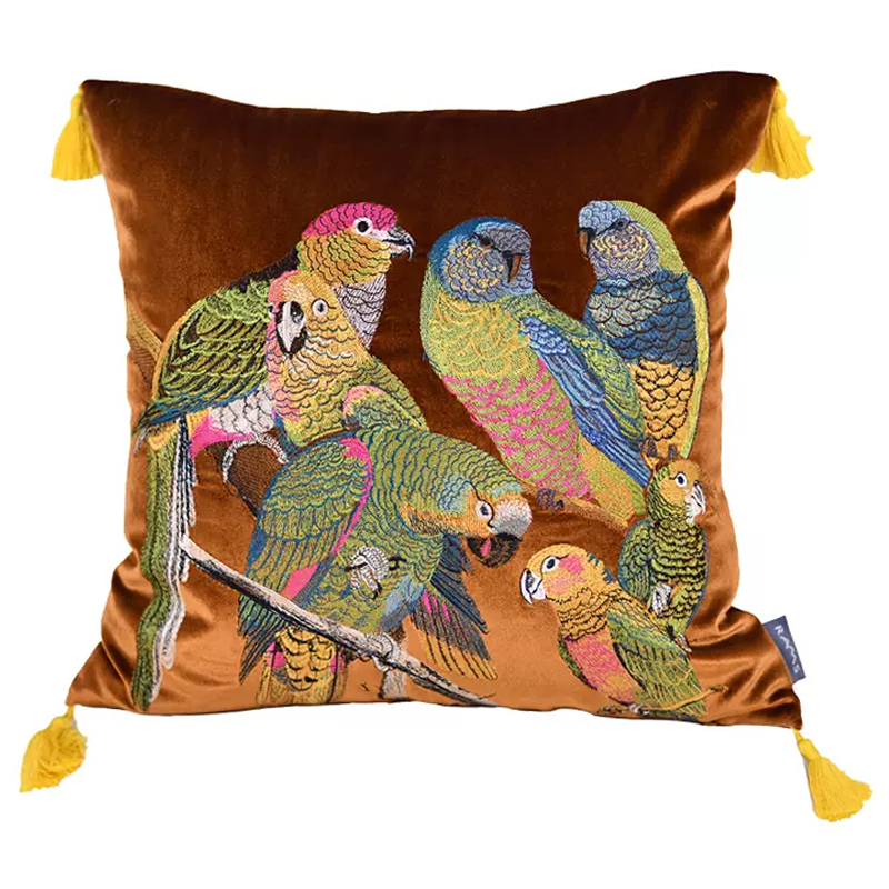 Декоративная подушка с вышивкой Embroidery Parrots Pillow Brown Коричневый Мульти в Екатеринбурге | Loft Concept 