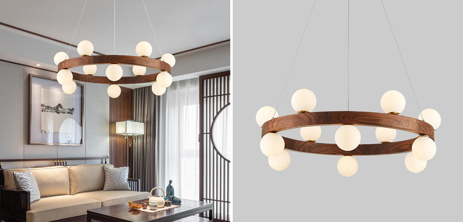 Люстра из дерева с белыми плафонами GRAND Wooden Chandelier - фото №1