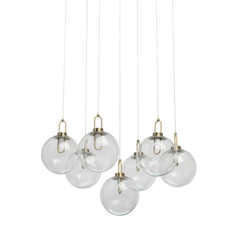 Люстра с 7-ю плафонами из прозрачного стекла в форме шара Orb Cascade  Бронза Прозрачный в Екатеринбурге | Loft Concept 