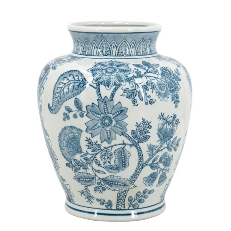 Ваза округлой формы белого цвета с синим растительным узором Blue & White Ornament Белый Синий Ваза округлой формы белого цвета с синим растительным узором Blue & White Ornament Белый Синий в Екатеринбурге | Loft Concept