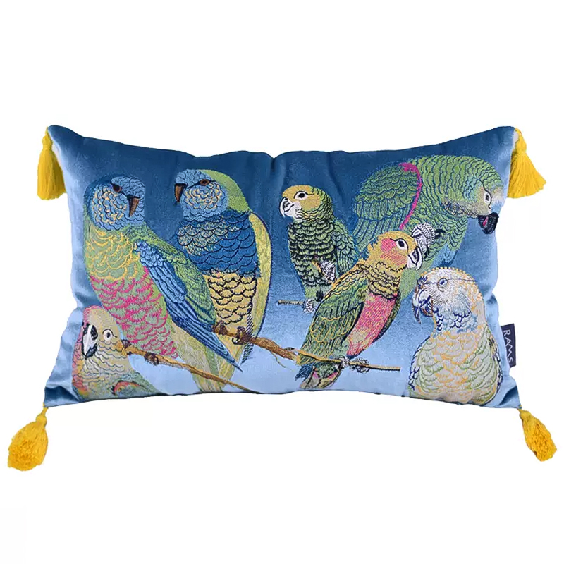 Декоративная подушка с вышивкой Embroidery Parrots Long Pillow Blue Голубой Мульти в Екатеринбурге | Loft Concept 