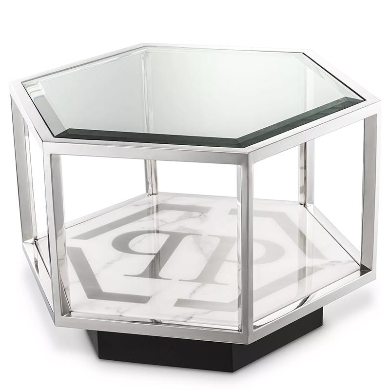 Приставной стол Philipp Plein Side Table Falcon View Chrome Хром Белый Мрамор Bianco Серый Черный Прозрачное Стекло в Екатеринбурге | Loft Concept 